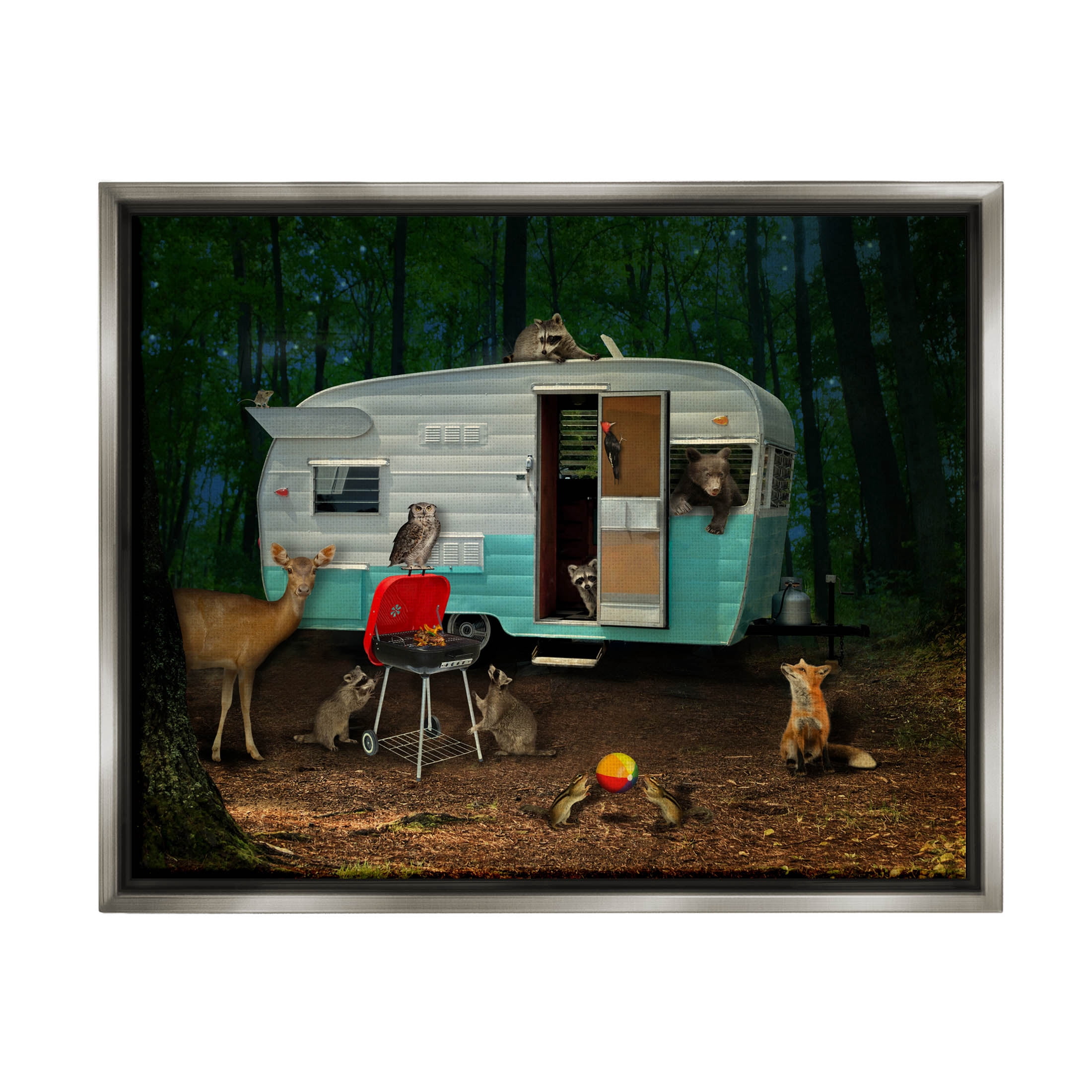 RV Camping Woodland Wildlife Animals Animals & Insects Graphic Art Luster Gray Framed Art Print Wall Art