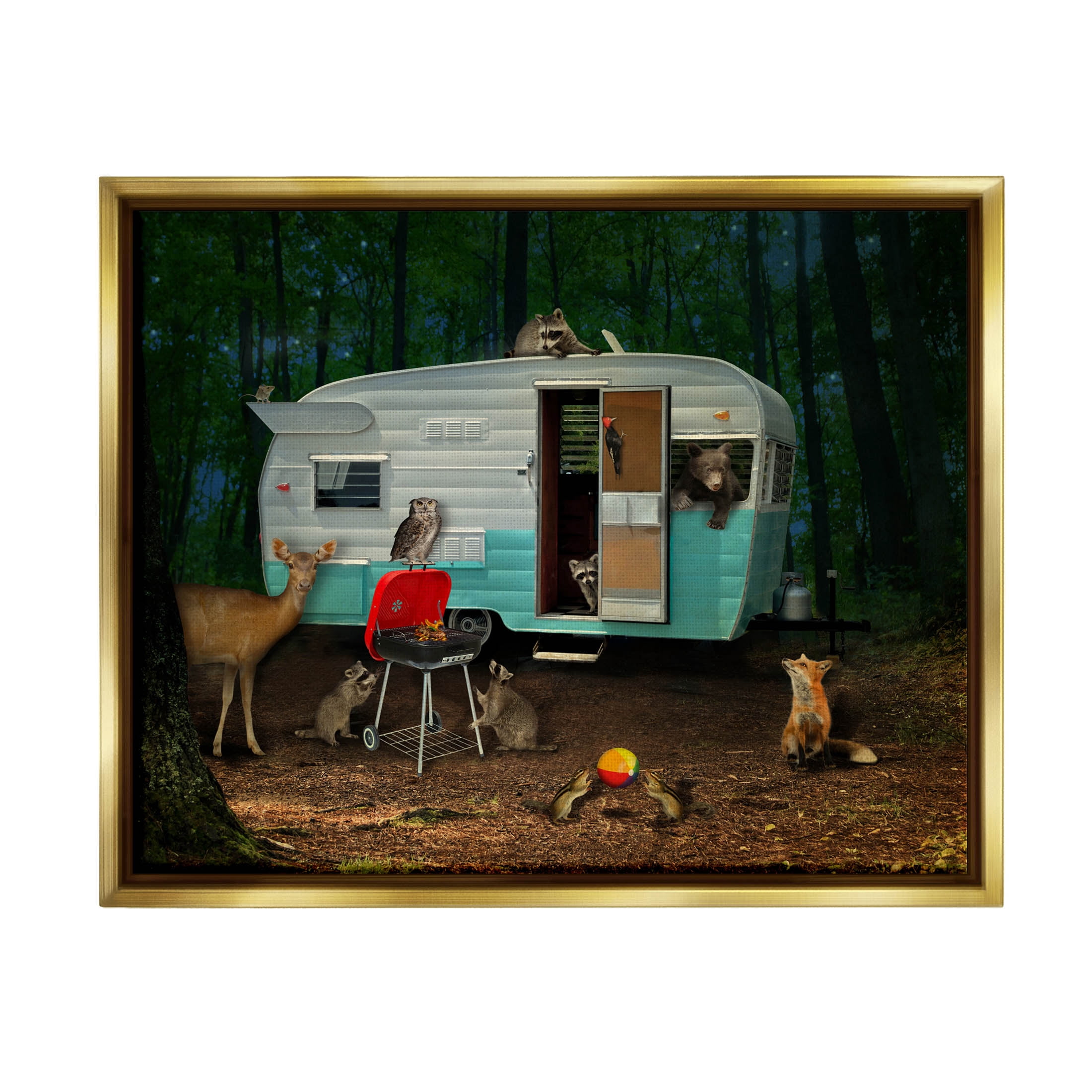 RV Camping Woodland Wildlife Animals Animals & Insects Graphic Art Metallic Gold Framed Art Print Wall Art