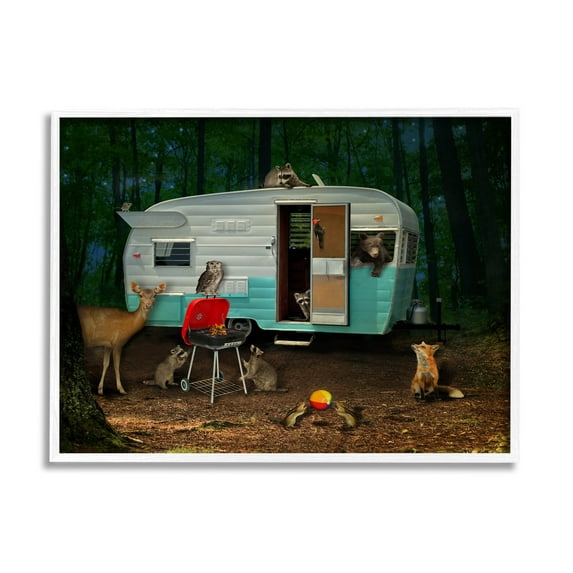 RV Camping Woodland Wildlife Animals Animals & Insects Graphic Art White Framed Art Print Wall Art