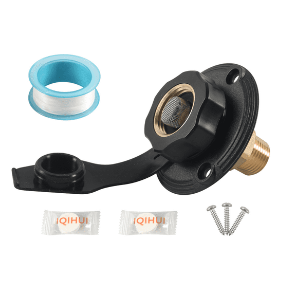 RV City Water Fill Inlet with Check Valve Lead-Free Brass RV Fresh Water Connection, 3/4" NH Female to 1/2" NPT Male, Includes Dust Plug Ideal for Campers, Trailers, and Marine Use