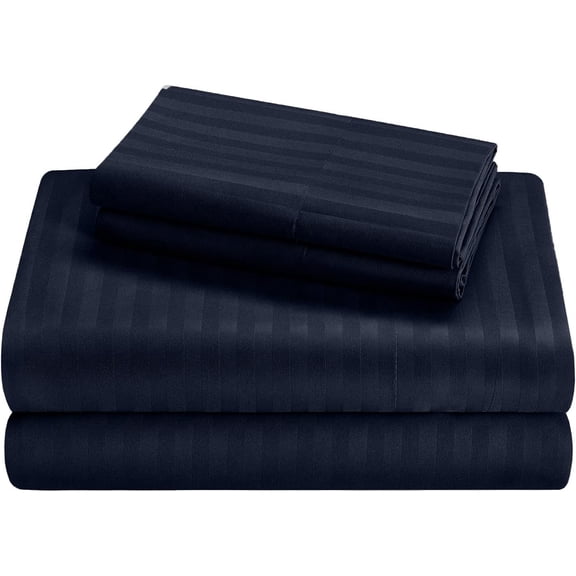 RV Cotton Sheets, 4 PC RV Camper/Bunk/Truck Sleeper Cot Sheets, 12 To 14 Inch Deep Pocket, Fully Elasticized & 100% Egyptian Cotton Sheets - Navy Blue Stripe, RV Camper Queen, 400 Thread Count..