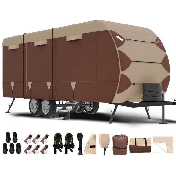 RV Cover 16'-18' Travel Trailer Cover 300D Oxford 7 Layers Top Waterproof Ripstop Toy Hauler Cover, Brown