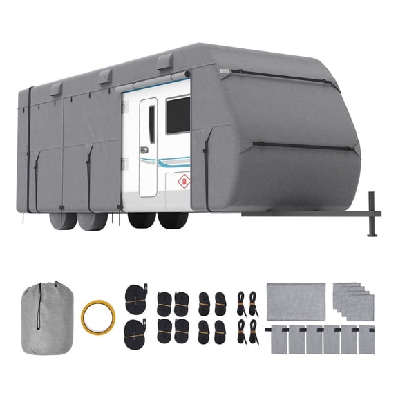RV Cover 22-24 ft, 4-Layer Waterproof Camper Cover, Windproof Ripstop Class A RV Cover with Tire Covers & Storage Bag