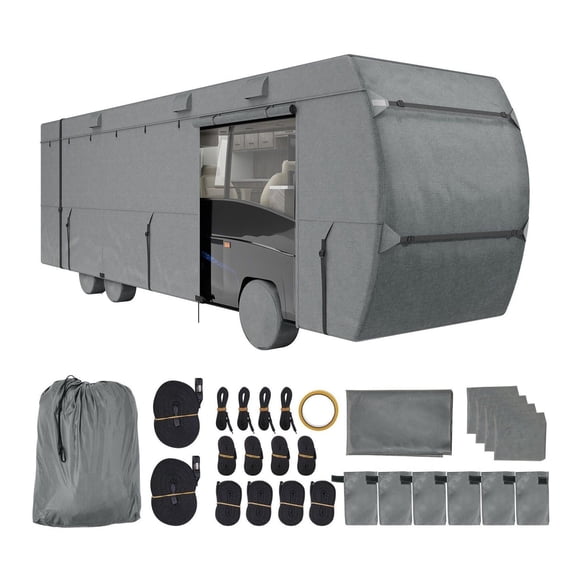 RV Cover 29-32 ft Class C Motorhome Cover - Waterproof Windproof Ripstop Fabric, with Storage Bag & Tire Covers - All Weather Protection