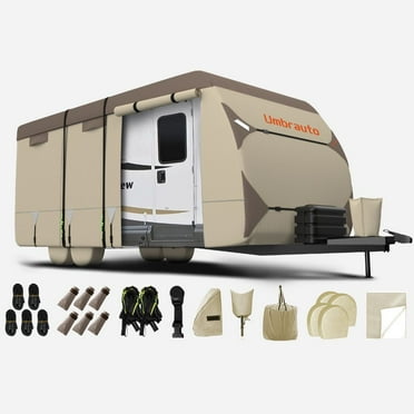 RV Cover Travel Trailer Cover 14'-16' Extra-Thick 7 Layers Top Windproof Camper Cover Anti-UV Toy Hauler Cover with Tire Cover Gutter Cover, Light Brown
