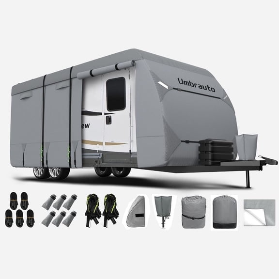 RV Cover for 27-30 ft Travel Trailer Cover Upgraded 7 Layers Top Camper Cover Windproof Toy Hauler Cover with Tongue Jack Cover, Gray