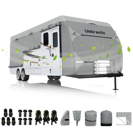 RV Cover for 33'-35' RV Travel Trailer 7 Layers Camper Cover with Tongue Jack Cover Windproof Straps Gutter Covers, Gray