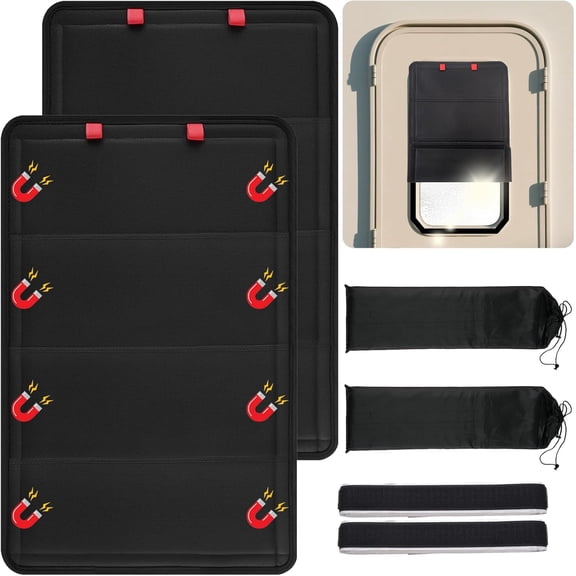 RV Curtains for Camper Windows 2 Pack - Magnetic Blackout Window Cover, RV Door Window Shades Cover Skylight with UV Protection, Waterproof Fabric, Magnetic Folding with Velcro Strips (25*16 inches)