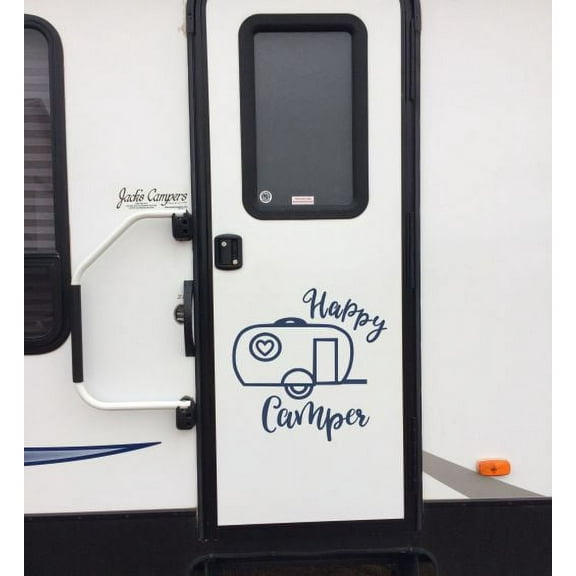 RV Decor Accessories Happy Camper Outdoor Use Vinyl Art Decal Stickers 18x18-Inch Glossy Deep Blue