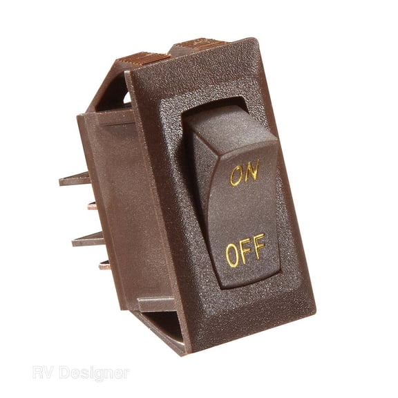 RV Designer S273 DC Rocker Switch 10 Amp - Brown With Gold Text, On/Off