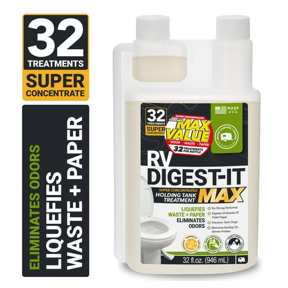 Unique RV Digest-It MAX, 32 Treatments, Super Concentrated RV Toilet Treatment, Helps Prevent Odors & Toilet Plugs, 32 fl oz
