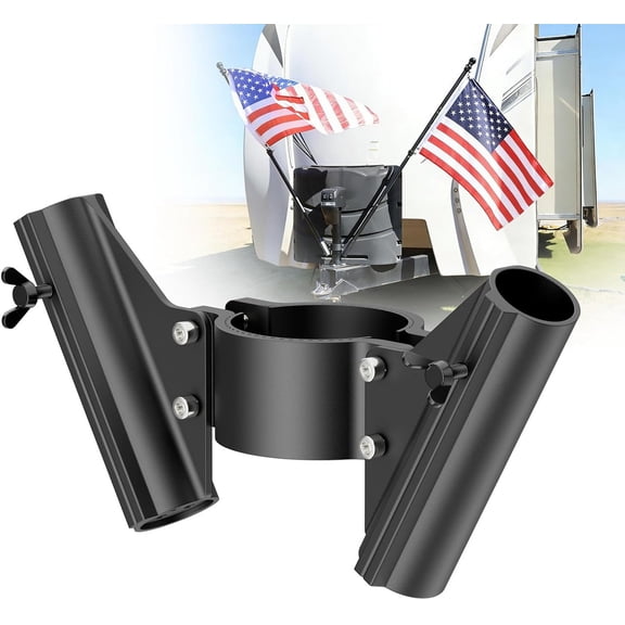 RV Dual Flag Pole Mount for 2" and 2" Tongue Jack, Heavy Duty Aluminum Camper Flagpole Holder Fit Double 1" Flag Pole Bracket, RV Trailer Essentials with Quick Lock Wing Screws, Drain Holes