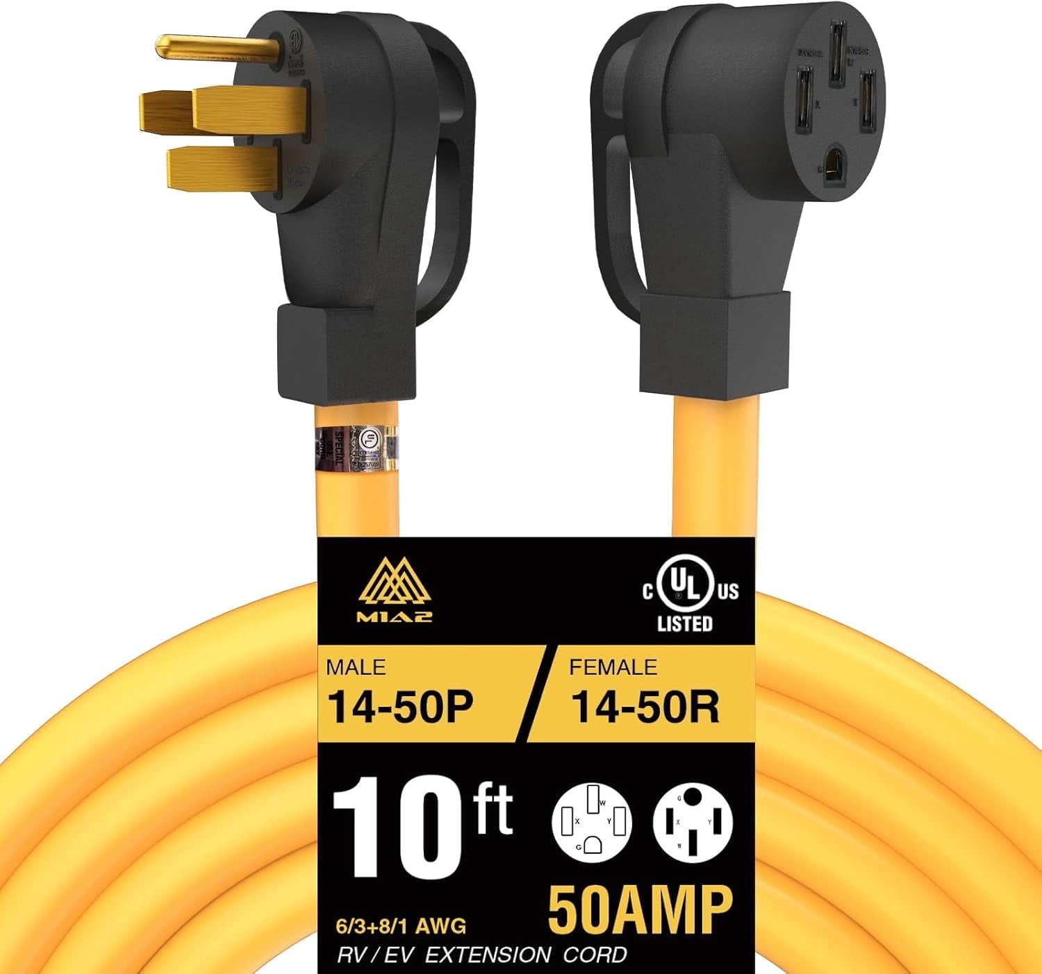RV/EV Power Extension Cord  NEMA 14-50P Male to 14-50R Female, 10FT, Heavy Duty 6/3+8/1 Gauge, STW Wire with Grip Handle, UL Listed, 4 Prong 50 Amp