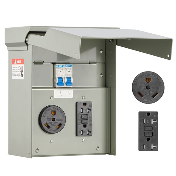 RV EV Power Outlet Panel, 20A 30A Weatherproof Electrical Box with GFCI Outlets, Pre-Wired for Camper Motorhome Travel
