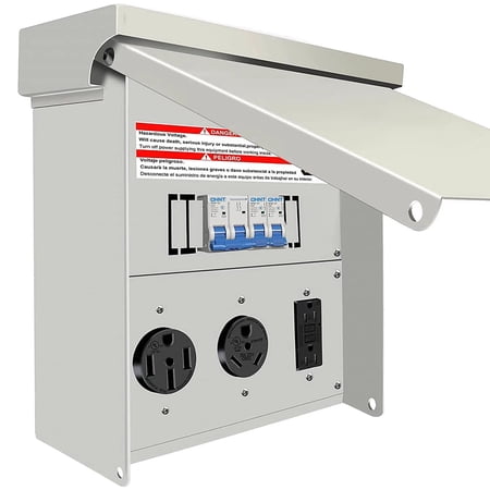 RV Electrical Outlet Panel, Temporary Power Outlet Panel with 20, 30, 50 Amp Receptacle Installed, with Breaker, Prewired and Unmetered, Weatherproof, Fit for Motorhomes and Construction Site