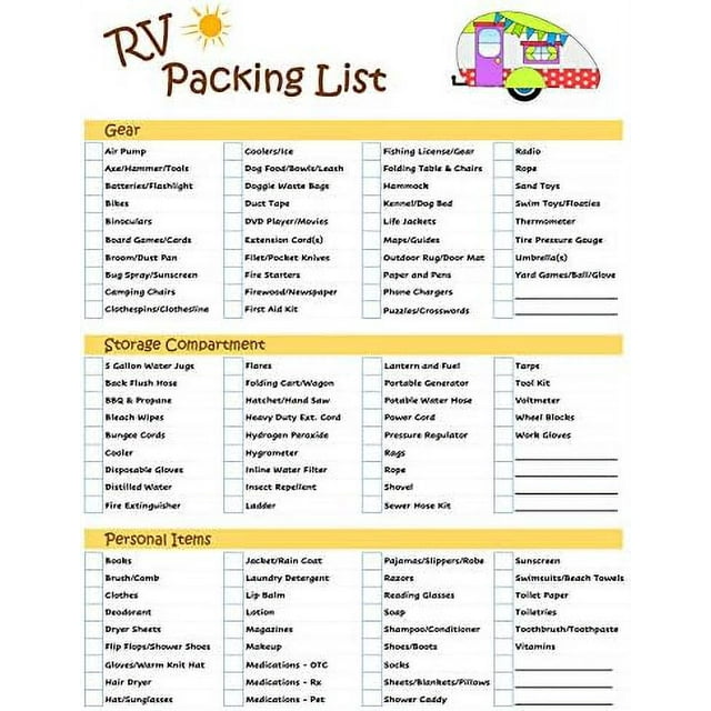 RV Equipment Checklist -Laminated & Double Sided - Never Forget Packing ...