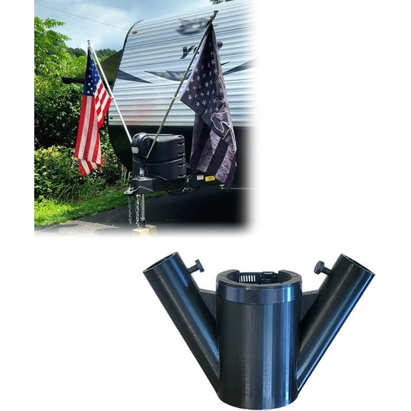 RV Flag Pole Mount for Campers & Trailers - Double Flag Holder with No-Drill Installation, PETG Construction, Includes Hose Clamp & Screws (Double Flag Pole Mount)
