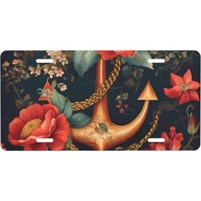 RV Flower Anchor Ocean License Plate, Rust-Proof Aluminum Decorative Front Plate, 6 x 12 in