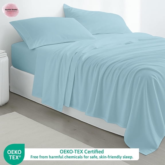 RV King (72 x 80) 400 Thread Count Egyptian Cotton Sheet Set - Sky Blue, 4 Pc Including Deep Pocket Fitted Sheet & Flat Sheet