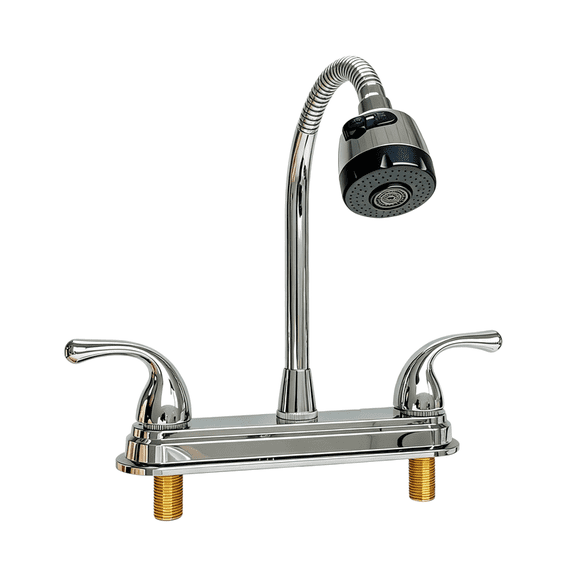 RV Kitchen Faucet, 360° Swivel Sprayer with 2 Modes & Dual Grip Handles,Non‑Metallic Corrosion‑Resistant Replacement for Campers, Trailers & Motorhomes - Fit for 8‑Inch 2/3‑Hole Sink Decks , Chrome