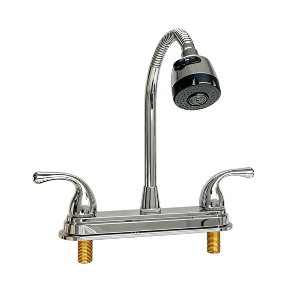 RV Kitchen Faucet, 360° Swivel Sprayer with 2 Modes & Dual Grip Handles,Non‑Metallic Corrosion‑Resistant Replacement for Campers, Trailers & Motorhomes - Fit for 8‑Inch 2/3‑Hole Sink Decks , Chrome