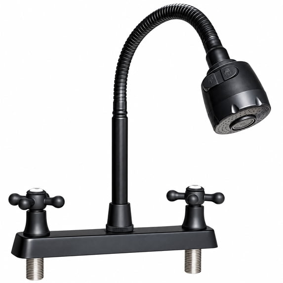 RV Kitchen Faucet 8 Inch Widespread Metallic Camper Sink Faucet, 360° Flexible Gooseneck Swivel Sprayer Head with 2 Water Flow Modes for Campers Motorhome Mobile Home, Matte Black