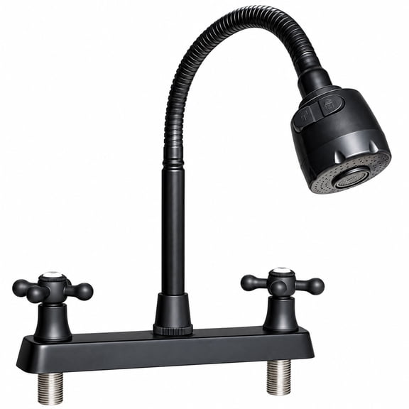 RV Kitchen Faucet 8 Inch Widespread Metallic Camper Sink Faucet, 360° Flexible Gooseneck Swivel Sprayer Head with 2 Water Flow Modes for Campers Motorhome Mobile Home, Matte Black
