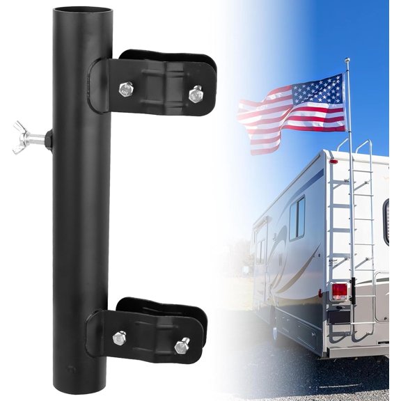 RV Ladder Mounted Flagpole Holder, Heavy Duty RV Flag Holder for Most RV Ladder, Compatible with 1" RV Ladders (Black, Rustproof Coated Steel)