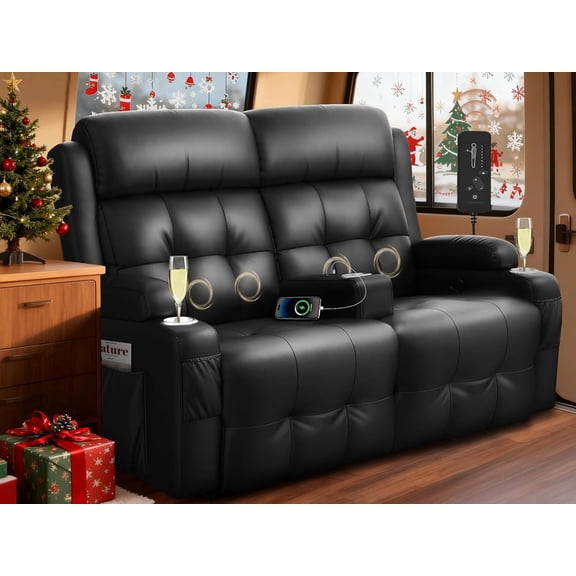 RV Loveseat Recliner, Massage Wall Hugger Recliners Sofa with USB, Side Pockets, Cup Holders and Removable Armrest, for RV and Home Theater, Black