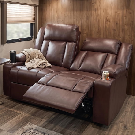 RV Loveseat Recliner Sofa, Manual Wall Hugger Reclining Sofa for RV, Trailer, Small Spaces, and Living Room, 2-Seater PU Leather Reclining Theater Couch with Cup Holders,Chestnut