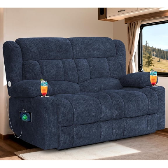 RV Loveseat Recliner Sofa, Wall‑Hugger Reclining Loveseat with USB Ports, Cup Holders, Side Insert Pockets, Gaming Recline Sofa for Movie Room, Velet Blue