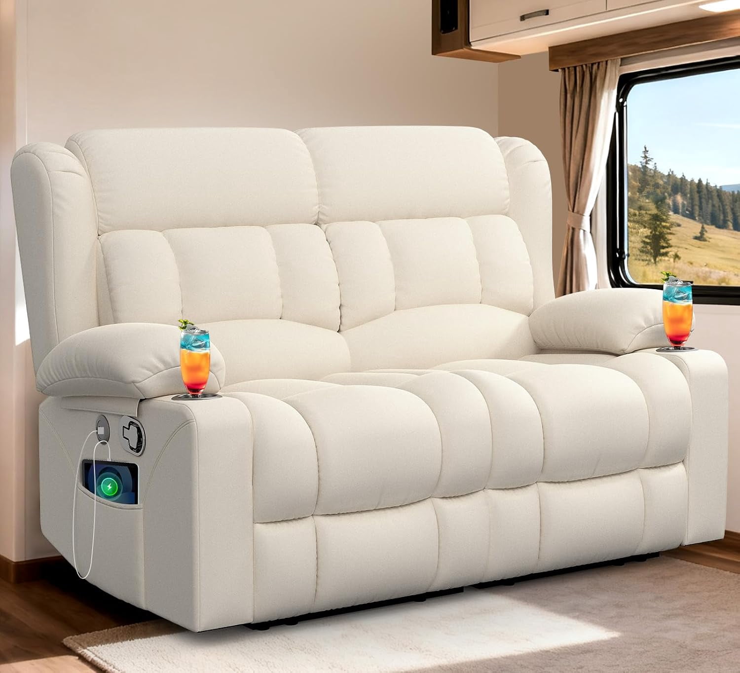 Wall With Inset RV Loveseat Recliner Sofa, Wall‑Hugger Reclining Loveseat with USB ...