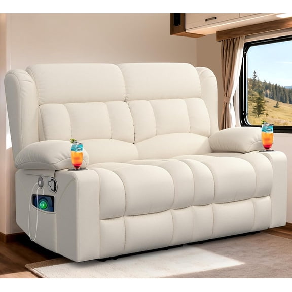 RV Loveseat Recliner Sofa, Wall‑Hugger Reclining Loveseat with USB Ports, Cup Holders, Side Insert Pockets, Gaming Recline Sofa for Movie Room, White
