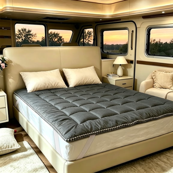 RV Mattress Protector, RV Mattress Pad with with 4 Straps, Soft Breathable Bed Mattress Cover Washable Roll Up Mattress, Foldable Tatami Mat Sleeping Pad, Sleeping Pad for RV Home Bedroom Hotel