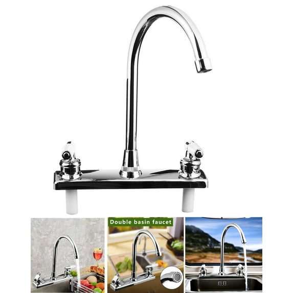 RV Kitchen Faucet for Camper & Home 8" Main Body 360° Swivel High Arch Dual Handle for Motorhomes RV Travel Trailers Plastic (fit 8-inch 2-hole or 3-hole sink), Chrome