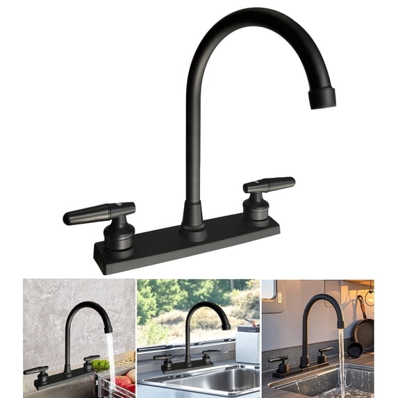 RV Kitchen Faucet for Camper & Home 8" Main Body 360° Swivel High Arch Dual Handle for Motorhomes RV Travel Trailers Plastic (fit 8-inch 2-hole or 3-hole sink), Matte Black