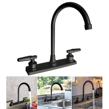 RV/Mobile Kitchen Faucet for Campers, Double Handle Level Only Fit for 2 Mounting Holes High Arc Swivel Hot & Cold Home Kitchen Faucet Plastic, Matte Black