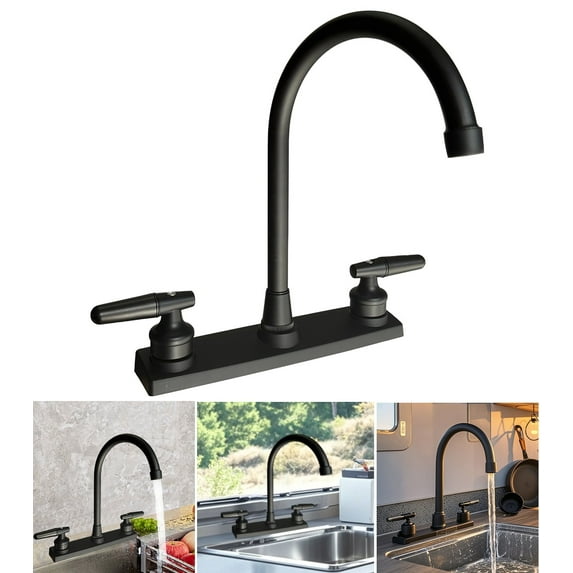 RV/Mobile Kitchen Faucet for Campers, Double Handle Level Only Fit for 2 Mounting Holes High Arc Swivel Hot & Cold Home Kitchen Faucet Plastic, Matte Black