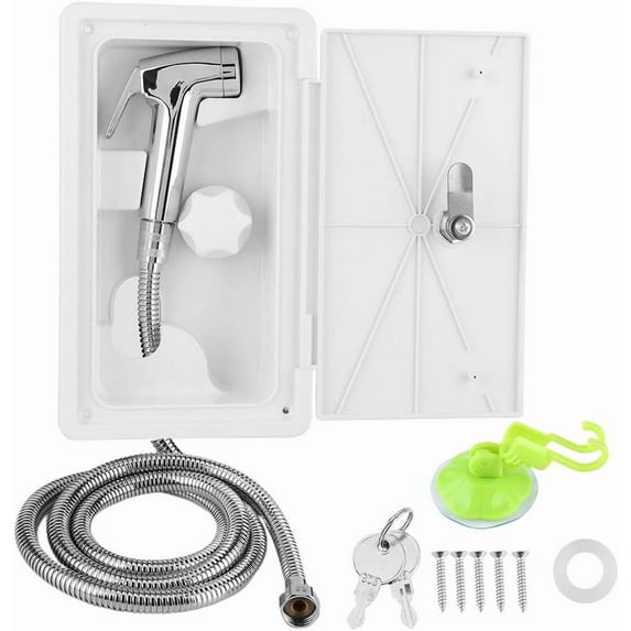 RV Outdoor Shower, RV Exterior Shower Box Kit with Metal Shower-Head Hose Camper Outside Shower for Motorhome Travel Trailer Caravan Van Yacht Camper Outdoor Shower