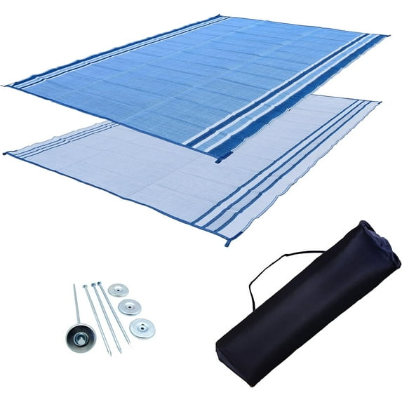 Professional EZ Travel Collection Reversible RV Outdoor Rug for Backyards, Beaches, Camping Grounds, Patios, and More, Storage Bag and Mat Stakes Included, Blue/Ocean (9x12)