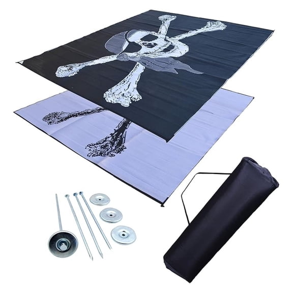 RV Patio Mat 9x12 - Outdoor Camping Mat with Stakes & Bag - Pirate Design - Reversible RV Awning Mat - Lightweight Foldable Ground Cover for Camping & Beach