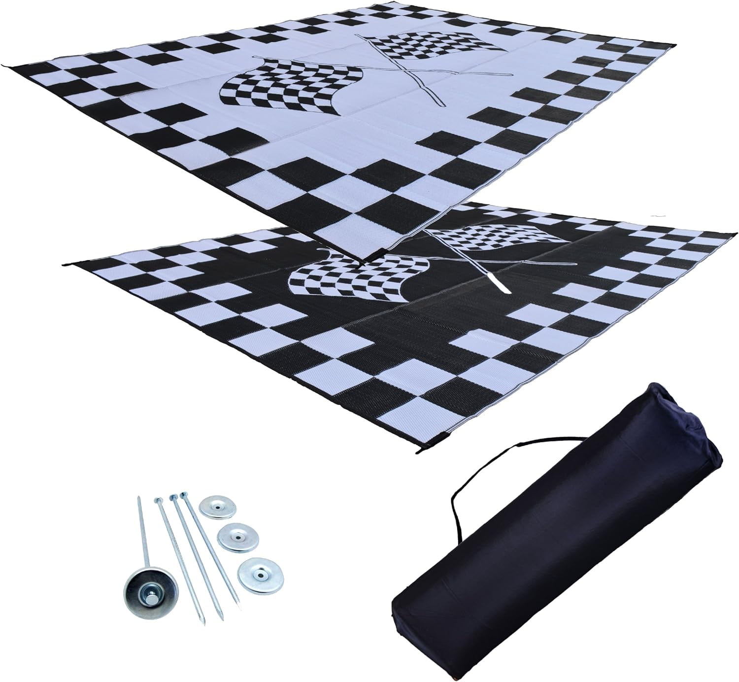 RV Patio Mat 9x18 ExtraWide Finish Line Checkered Flags Mat