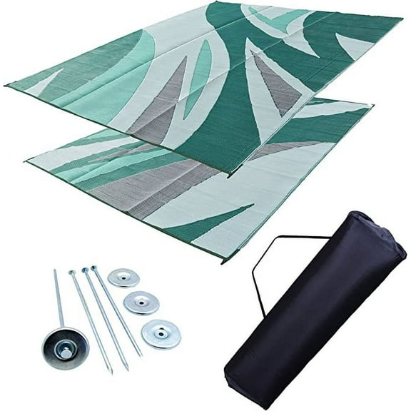 RV Patio Mat Awning Mat Outdoor Leisure Mat 9x12 Green Wave Complete Kit