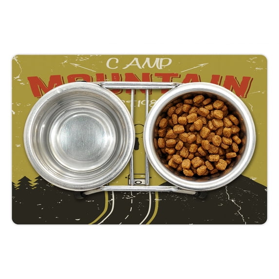 RV Pet Mat for Food and Water, Retro Summer Camp Poster Design with Lets Go on an Adventure Lettering Grunge Effect, Non-Slip Rubber Mat for Dogs and Cats, 18" X 12", by Ambesonne