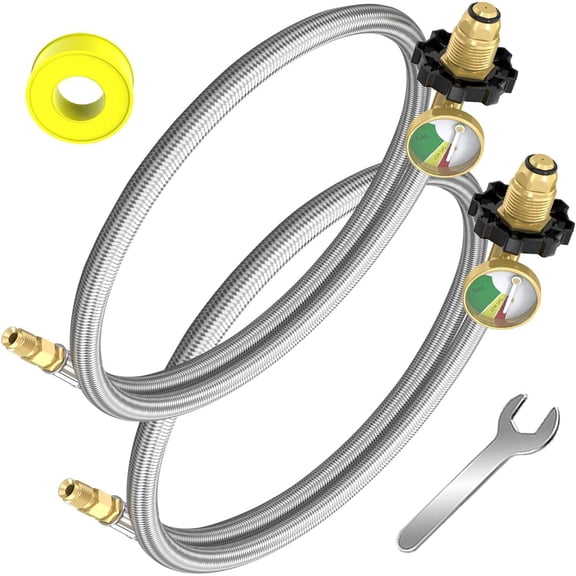 RV Propane Pigtail Hoses, 24 Inch Stainless Steel Braided Camper Tank Hose with Gauge,Rv lp Gas Hoses Connector for Standard Two-Stage Regulator, 5-100lb,1/4" inverted male flare/POL Fitting (2PCS)