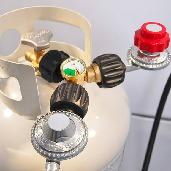 RV Propane Y Splitter with Gauge | 2-Way LP Gas Tee Adapter | QCC1/Type1 for 20lb Tank – Works with BBQ Grills, Camping Stoves, Burners & Heaters, Secure Dual-Appliance Connector