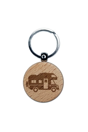 RV Road Trip Camping Automobile Family Vehicle Round Keychain Charm Tag - Engraved Wood