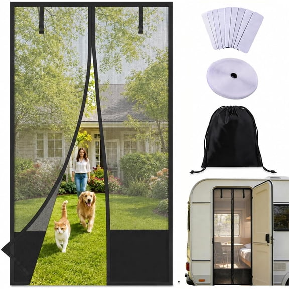 RV Screen Door Mesh with Magnets, Magnetic Mosquito Net for Camper Trailer Motorhome Entry Door, Bug Screen Barrier with Self Sealing Closure, Easy Install Roll Up Insect Protection, 70200cm