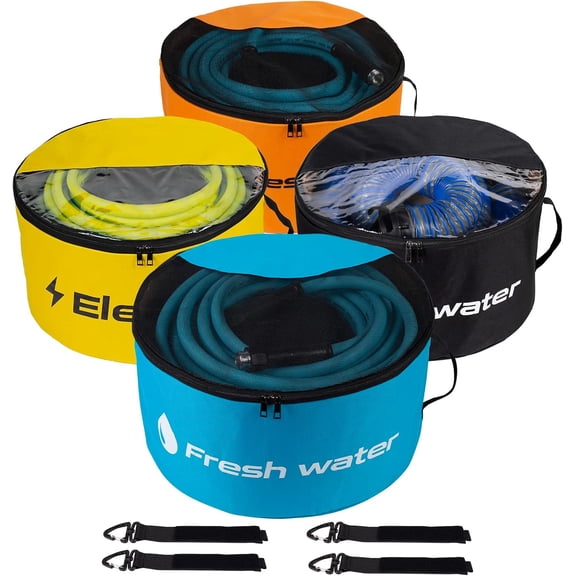 RV Sewer Hose Storage 4 Packs, Two-Way Zipper Closures and Visible Cover for RV Storage And Organization, Waterproof Accessories Bag for Garden Fresh Water Hoses Electrical Cords Camper Tools