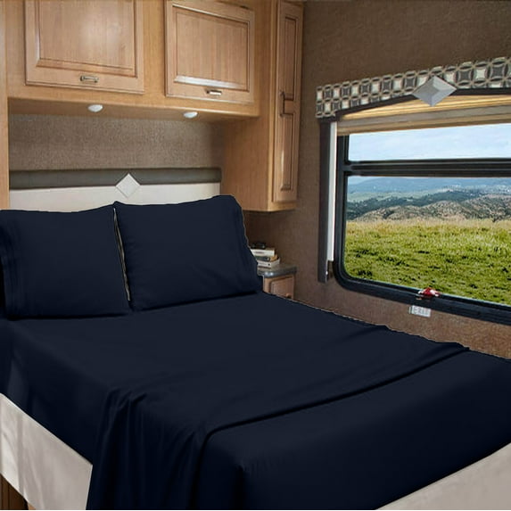 RV Short Queen 60" X 75" | 800-TC Egyptian Cotton Sheet Set 8 inch Deep Pockets - Made for RV - Navy Blue Color